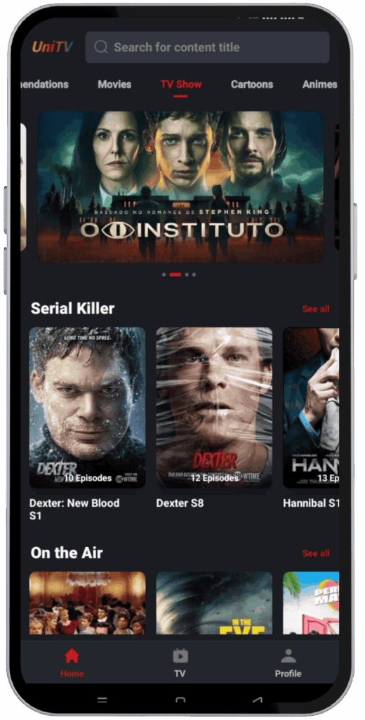 UniTV APK mobile interface screenshot