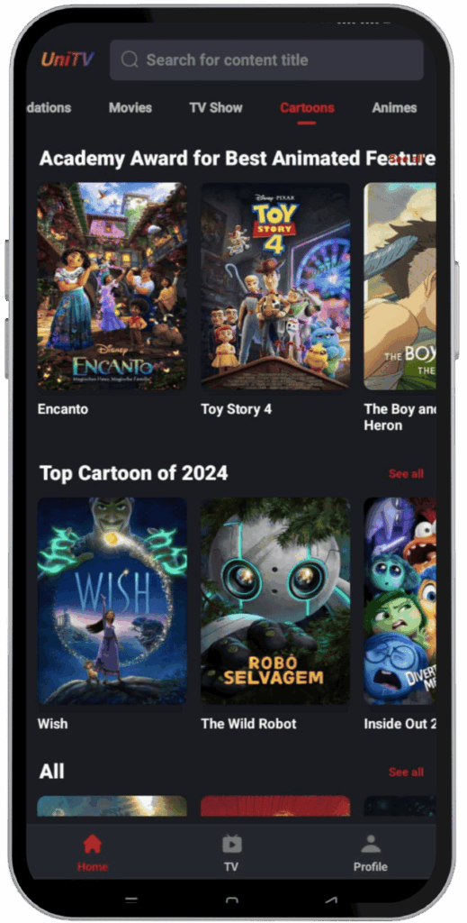 UniTV APK mobile interface screenshot