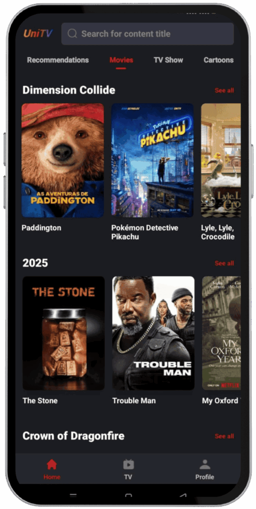 UniTV APK mobile interface screenshot