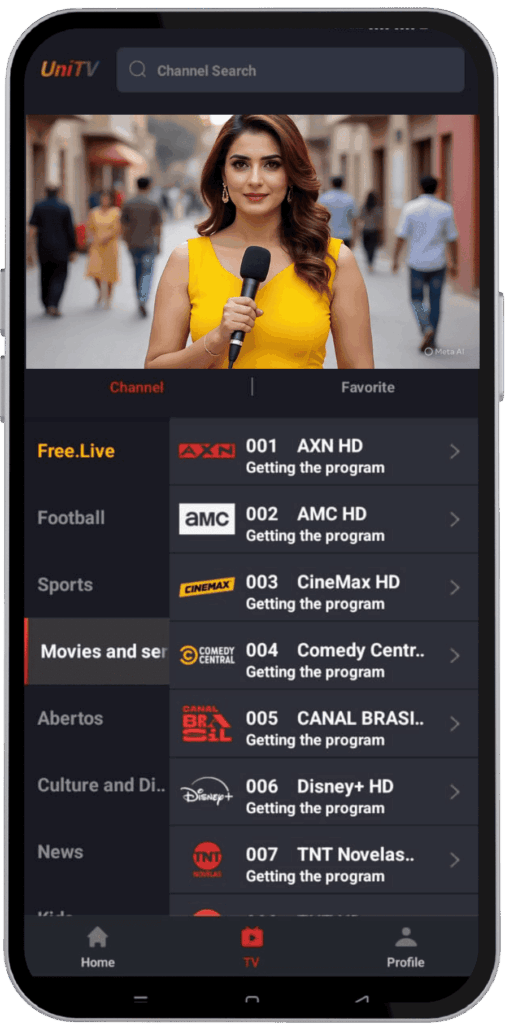 UniTV APK mobile interface screenshot