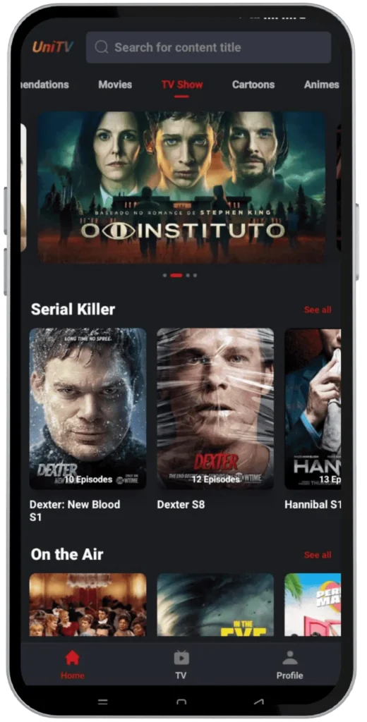 UniTV Apk Interface Screenshot 1