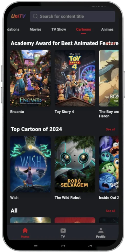 UniTV Apk Interface Screenshot 2