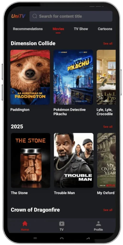 UniTV Apk Interface Screenshot 3